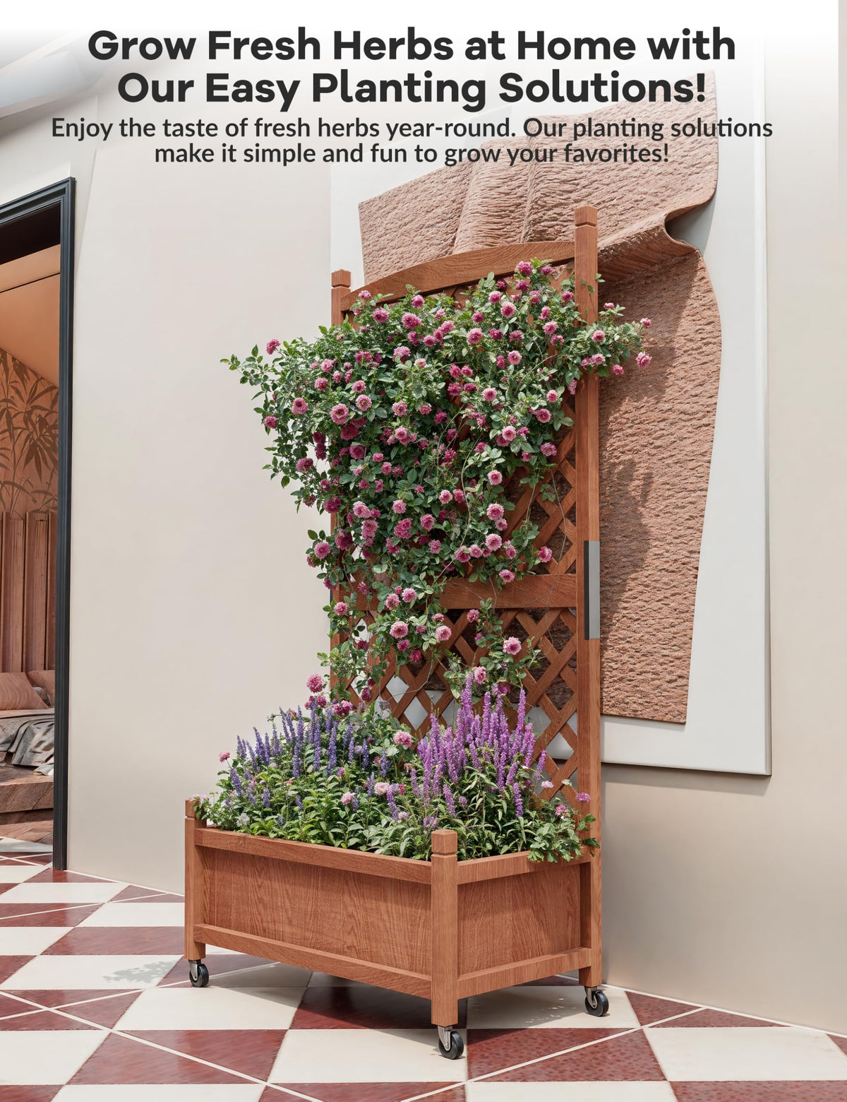Garvee Jardinière en bois avec treillis et roues pour terrasse et jardin, 75 x 33 x 150 cm, marron.