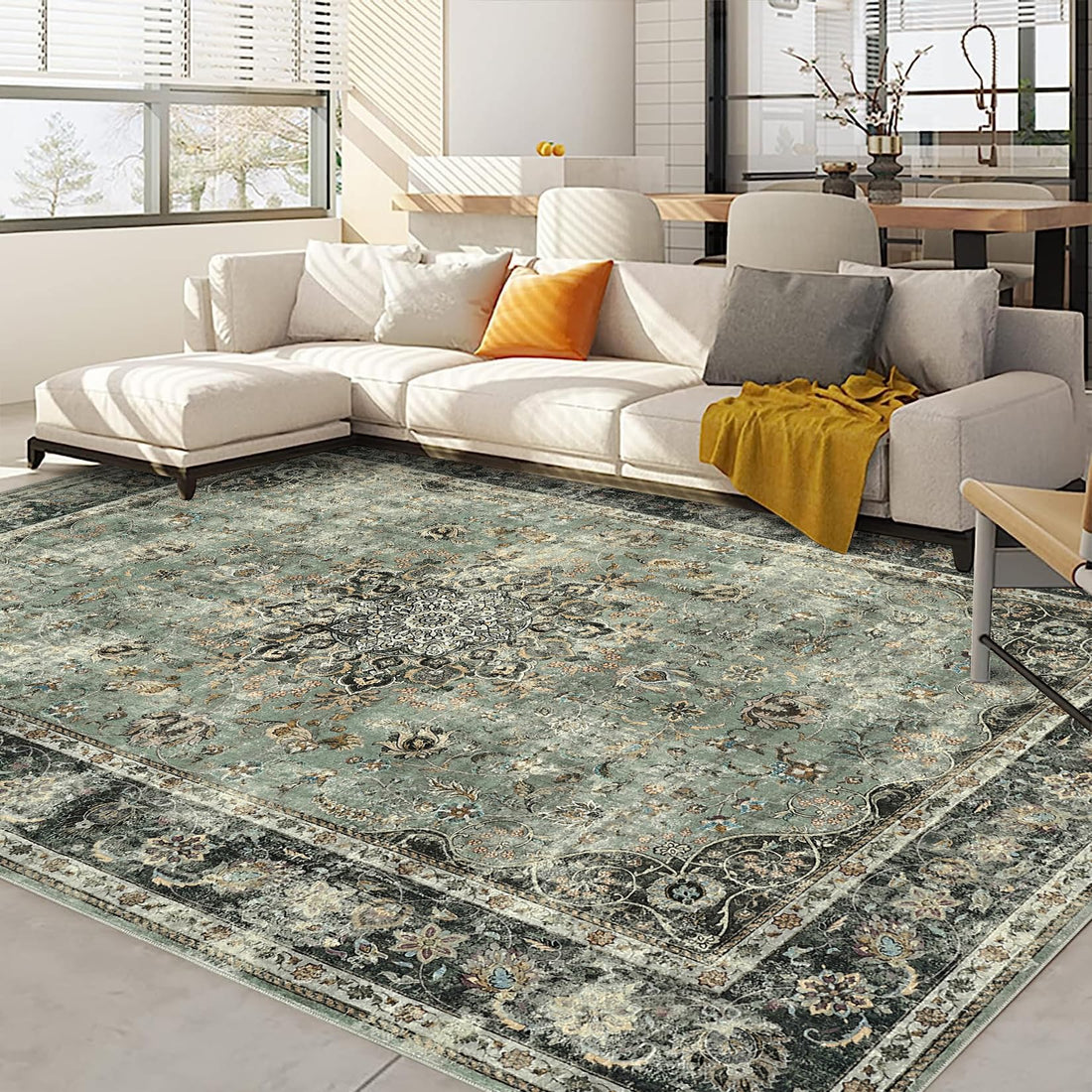 Tapis Garvee Vintage Lavable 120x170cm Vert Antique pour Salon, Chambre, Salle à Manger, Tapis Rétro Doux Antidérapant à Poils Courts