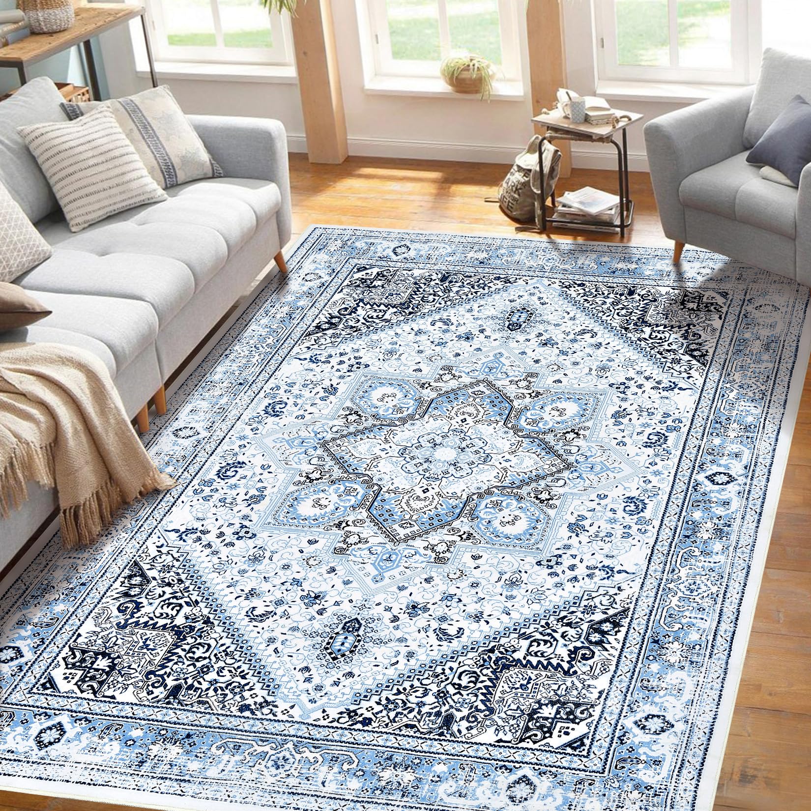 Tapis Garvee 160 x 230 cm, tapis d'intérieur vintage pliable en chenille, tapis d'appoint léger bleu