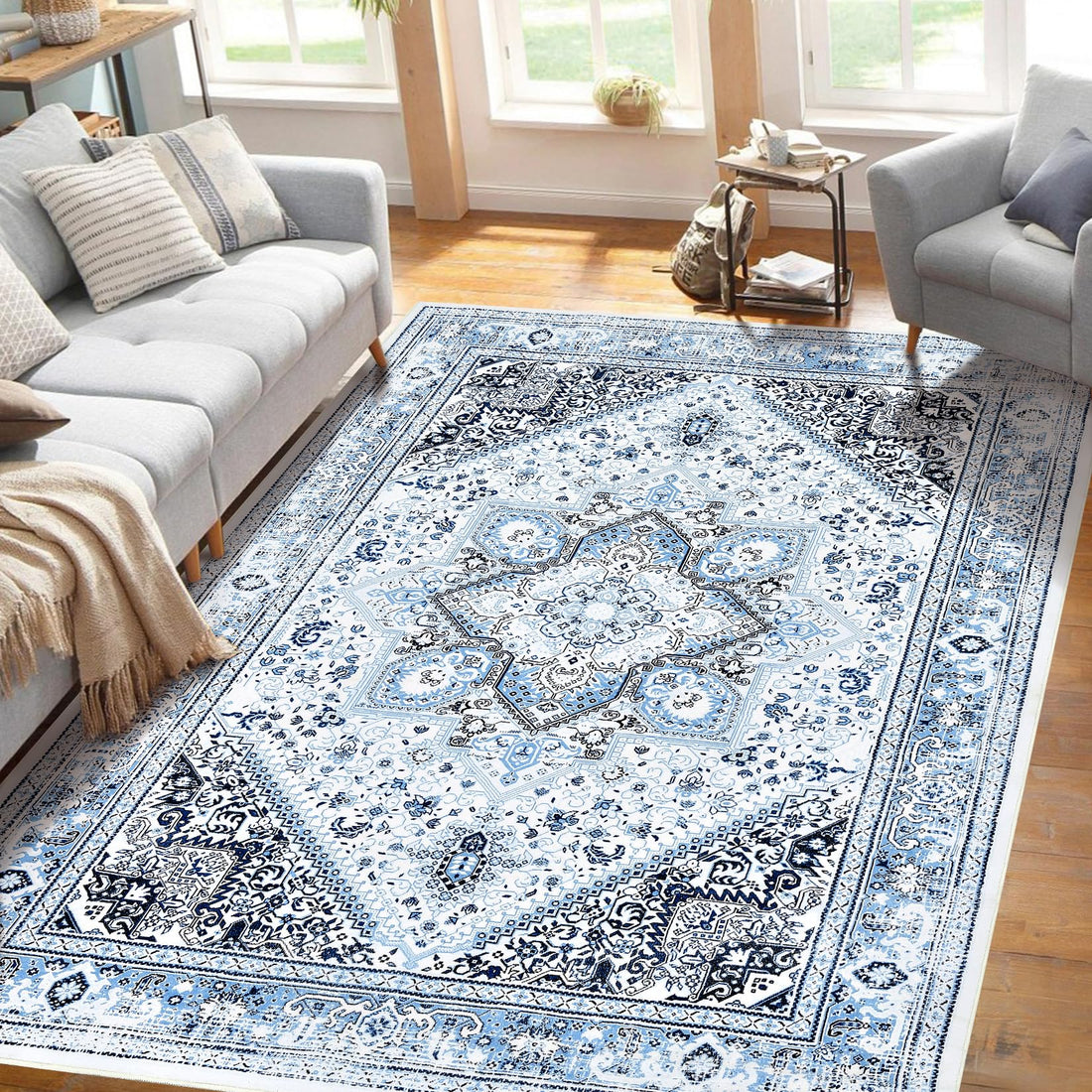 Tapis Adirondack GARVEE, motif oriental, bleu, 80 x 150 cm, pour salon et bureau, facile d'entretien, durable