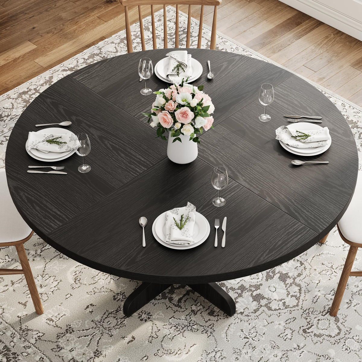 Garvee Table à manger ronde en bois 119 cm pour 4 à 6 personnes, structure robuste réglable, finition noire, idéale cuisine et salon