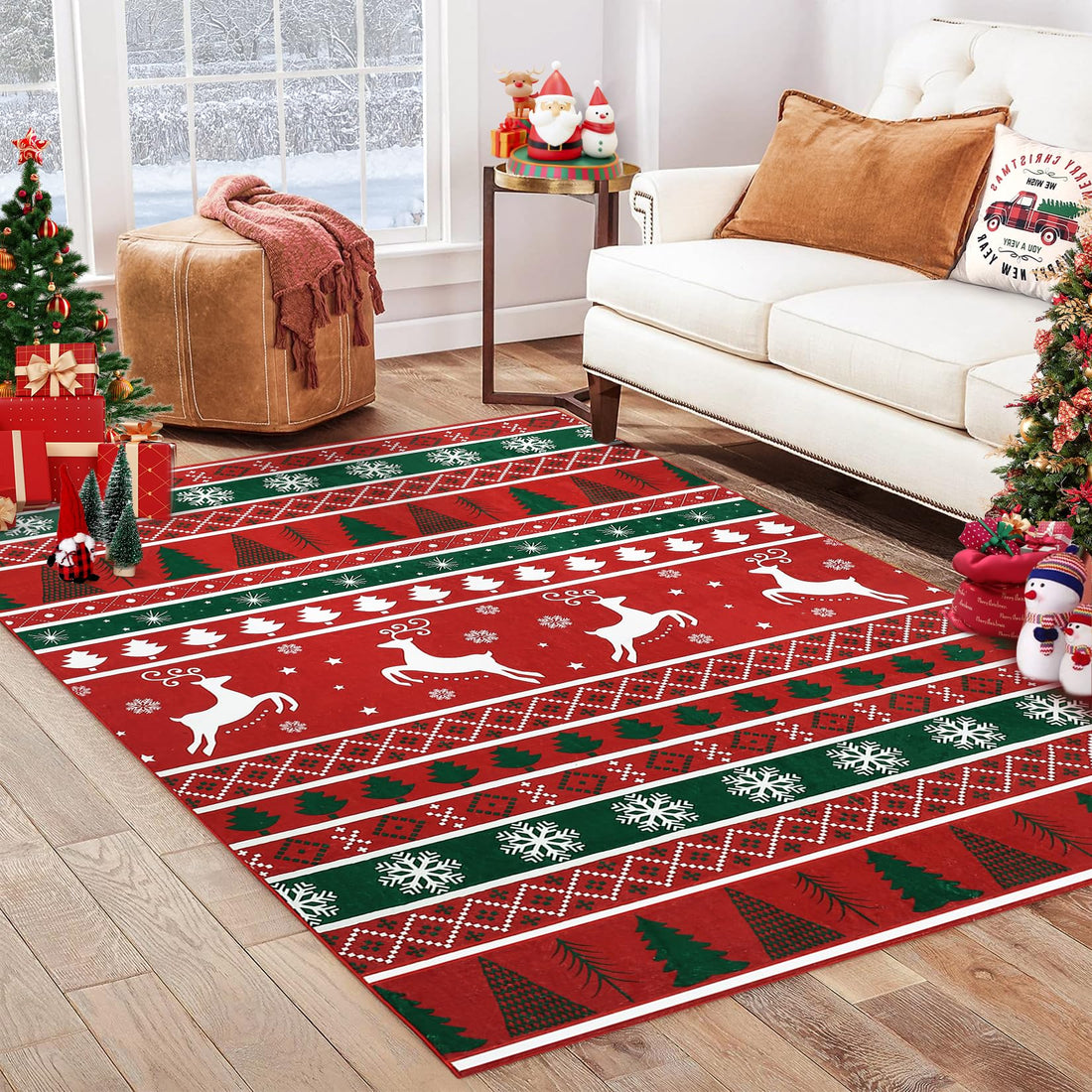 Tapis de Noël Garvee style bohème, antidérapant, lavable, 120 x 170 cm, motif géométrique, résistant à l'eau et aux taches, idéal pour la décoration du salon.