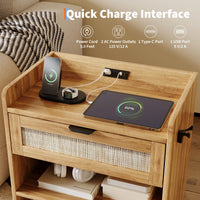 Table de chevet Garvee en rotin avec chargeur USB-C, 1 tiroir, compartiment ouvert, idéale pour la chambre et le bureau, en bois robuste, 60 x 39 x 56 cm, marron