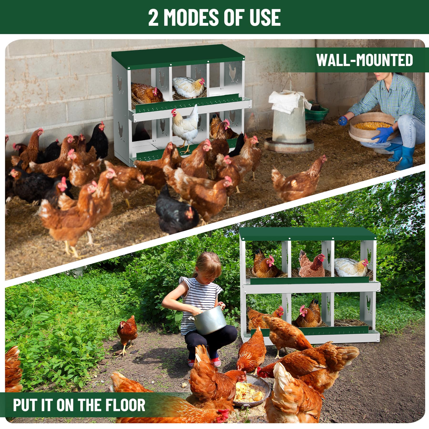 Garvee pondoir métallique pour poules à 6 compartiments, nichoir de ponte avec système de collecte des œufs par roulement, trous d’aération, vert, idéal pour poulailler et basse-cour