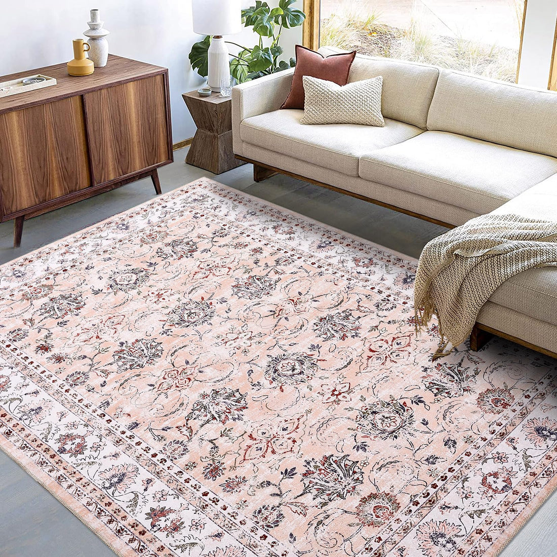 Tapis d'intérieur et d'extérieur Garvee Vintage Antidérapant Résistant à l'eau et aux taches Lavable 140x200 cm Rose Salon Chambre Bureau