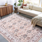 Tapis lavable Garvee grand format, résistant à l'eau et aux taches, style vintage, antidérapant, motif oriental, 200 x 290 cm, pour salon et chambre. - Rose