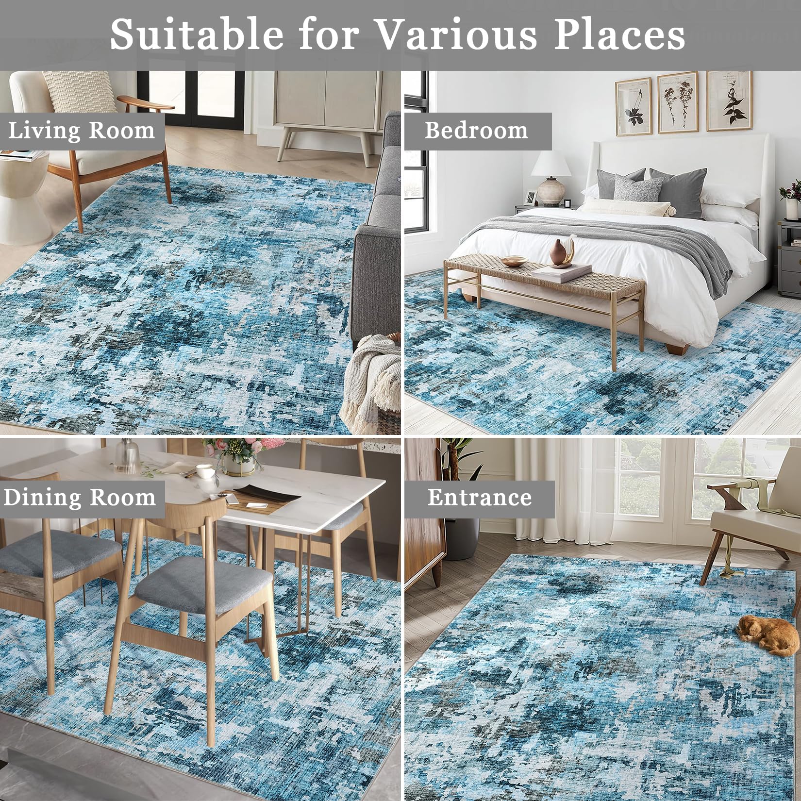 Tapis lavable Garvee, motif abstrait moderne, antidérapant, résistant, facile à nettoyer, pour salon, chambre, salle à manger, bleu, 160 x 230 cm