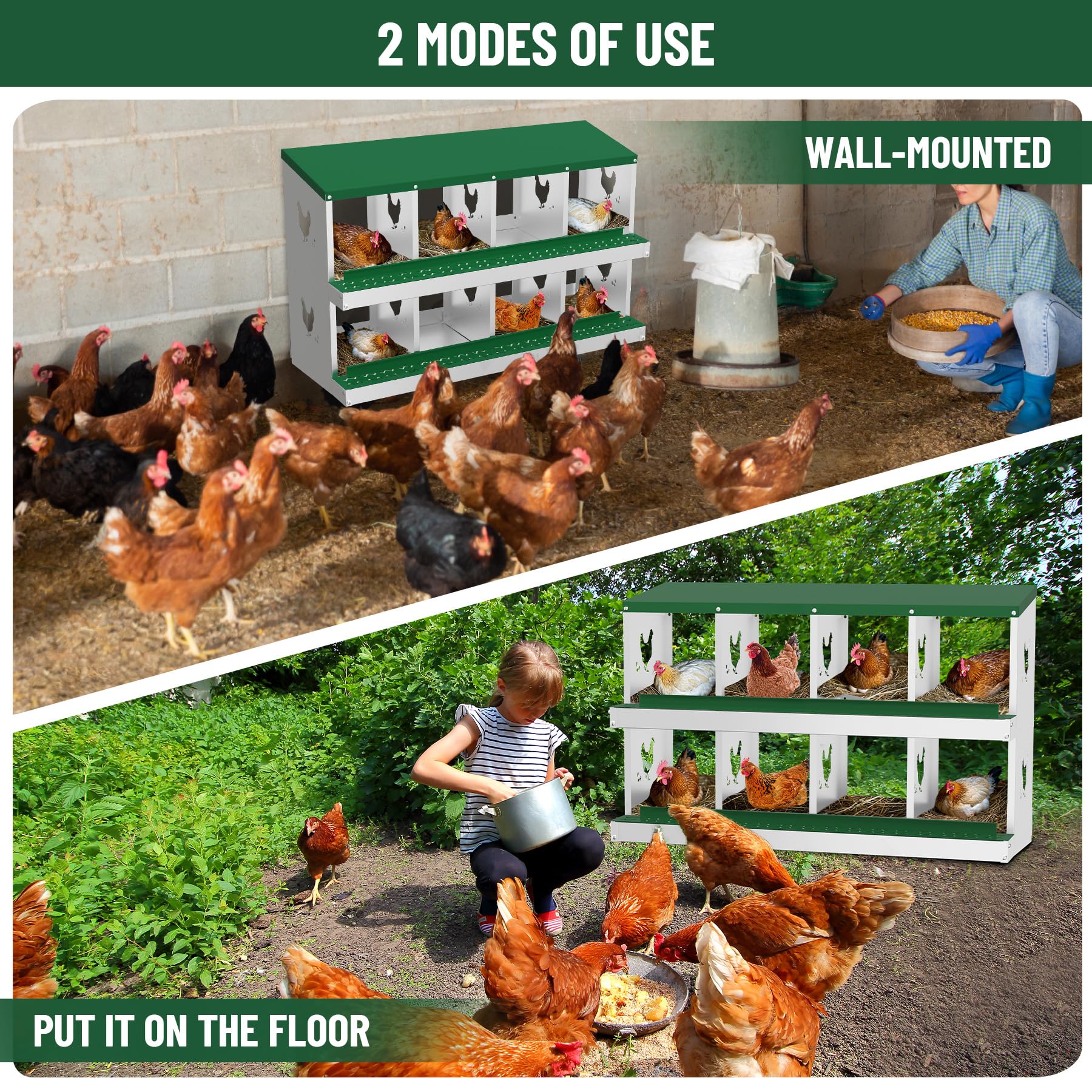 Garvee pondoir pour poules à 8 compartiments, acier galvanisé de 0,7 mm, conception résistante à la pluie, installation murale ou sur pieds, idéal pour poulaillers, fermes et jardins, vert