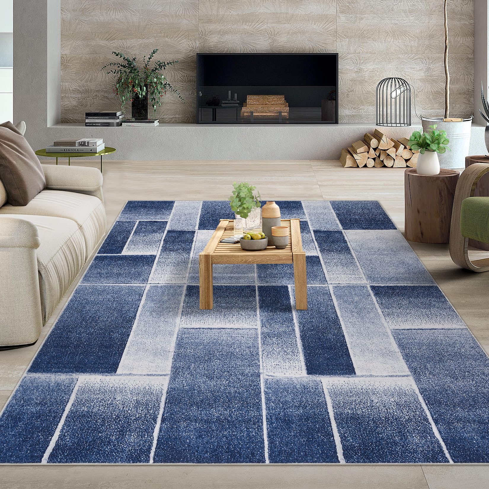 Tapis Garvee moderne à poils courts et coupe contour, motif géométrique pour salon et chambre, 200 x 290 cm, bleu