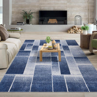 Tapis Garvee moderne à poils courts et coupe contour, motif géométrique pour salon et chambre, 200 x 290 cm, bleu
