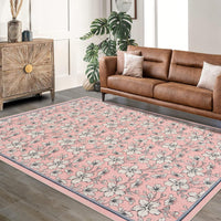 Tapis de salon lavable Garvee, motif floral vintage, poils courts, antidérapant, doux, grand format 160 x 230 cm, rose