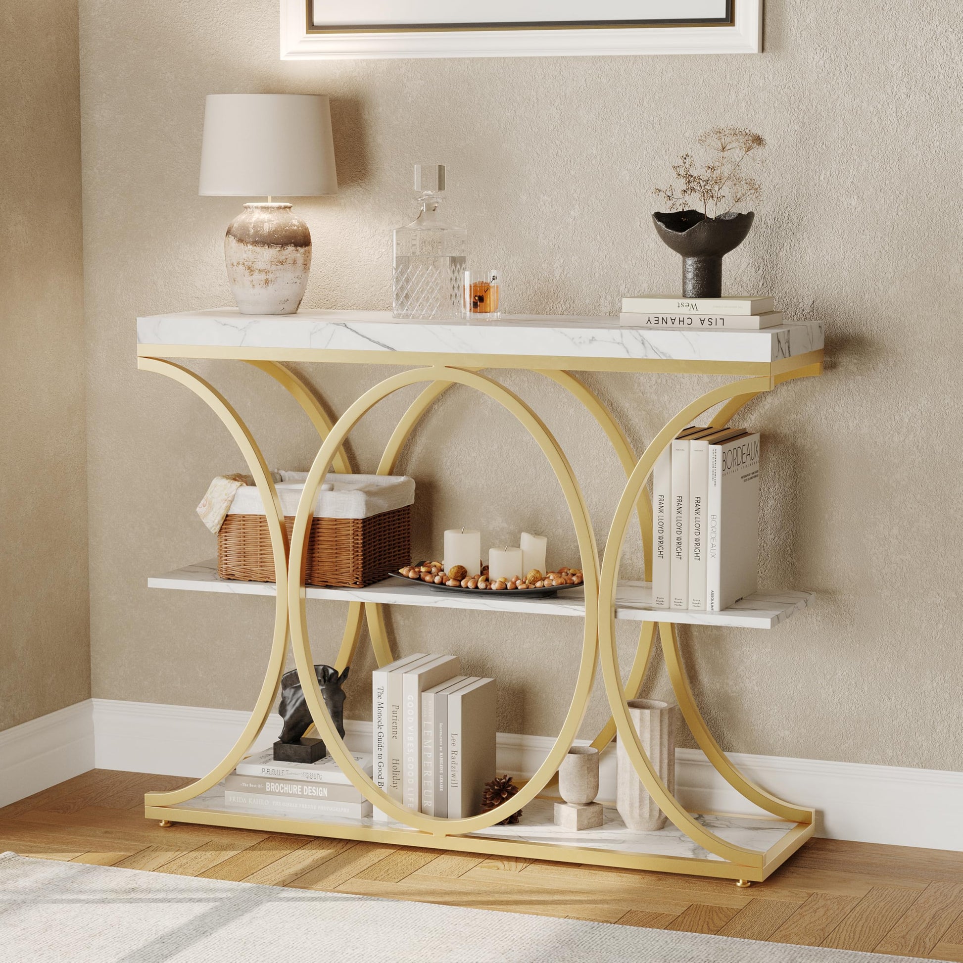Console Garvee 99 cm (39 po), style industriel, 3 niveaux, structure en métal et bois, moderne, idéale pour le salon, le couloir ou l'entrée, gain de place, noire
