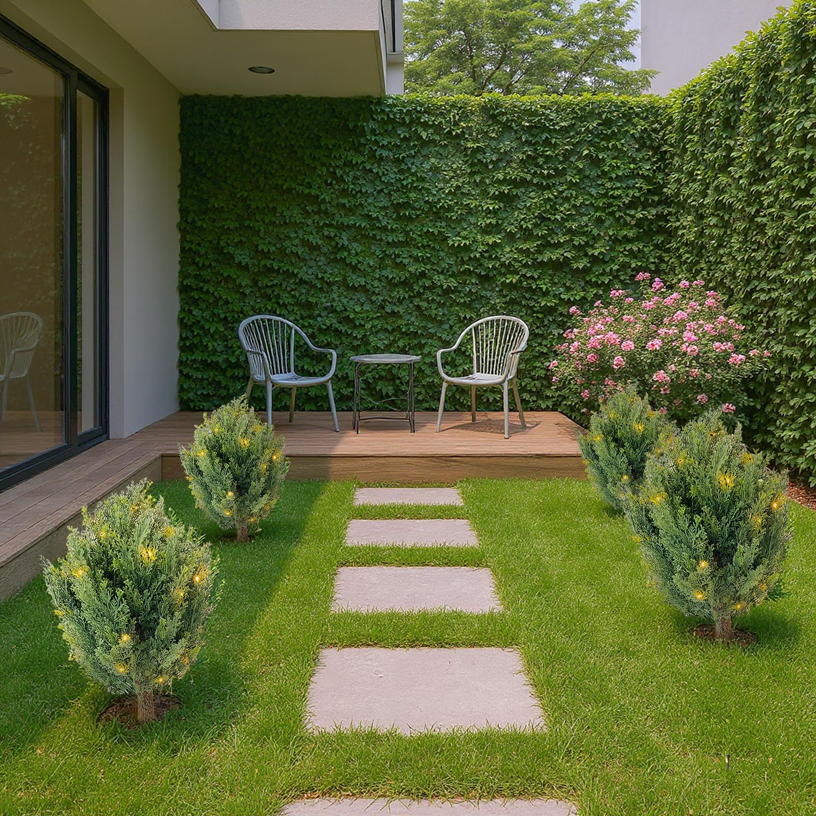Garvee Lot de 2 cyprès artificiels en boule de 76 cm avec piquet pour jardin et terrasse, verts, résistants aux intempéries et aux UV