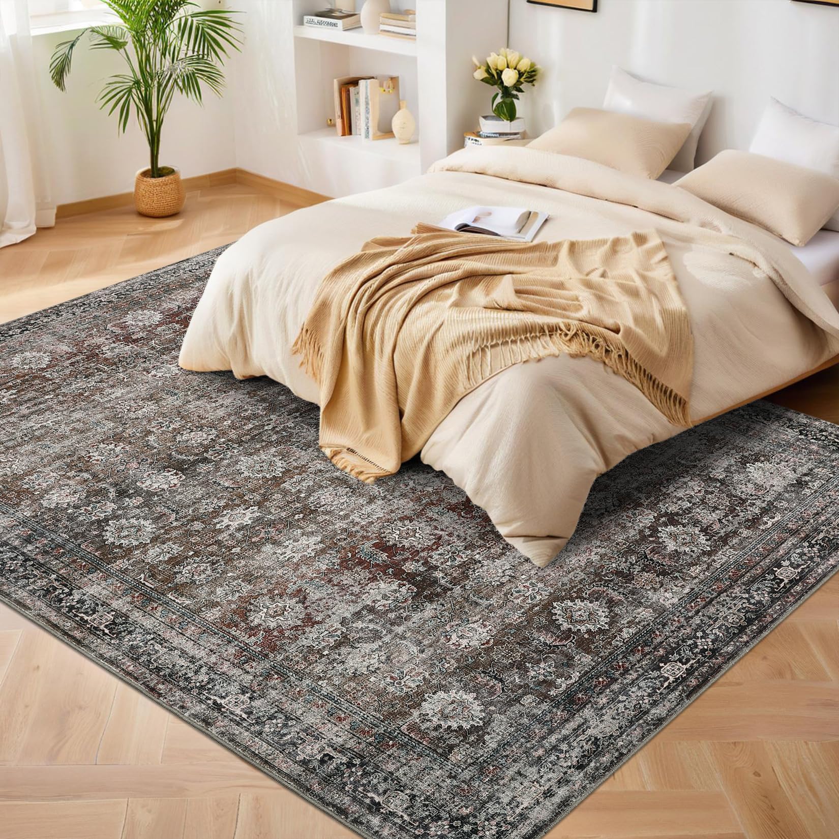 Tapis Garvee lavable style vintage tissé à plat, antidérapant, pour salon, chambre, cuisine, aspect doux et usé, design moderne