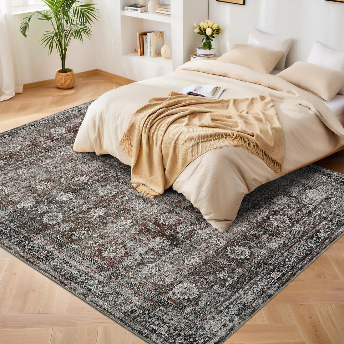 Tapis Garvee lavable style vintage pour salon, chambre, cuisine, poils plats, antidérapant, aspect vieilli doux, design moderne, 100 x 150 cm, beige