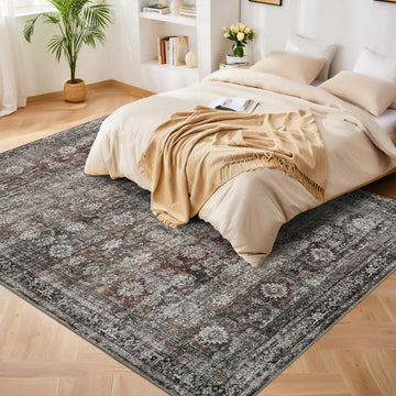 Tapis Garvee lavable style vintage pour salon, chambre, cuisine, poils plats, antidérapant, aspect vieilli doux, design moderne, 100 x 150 cm, beige
