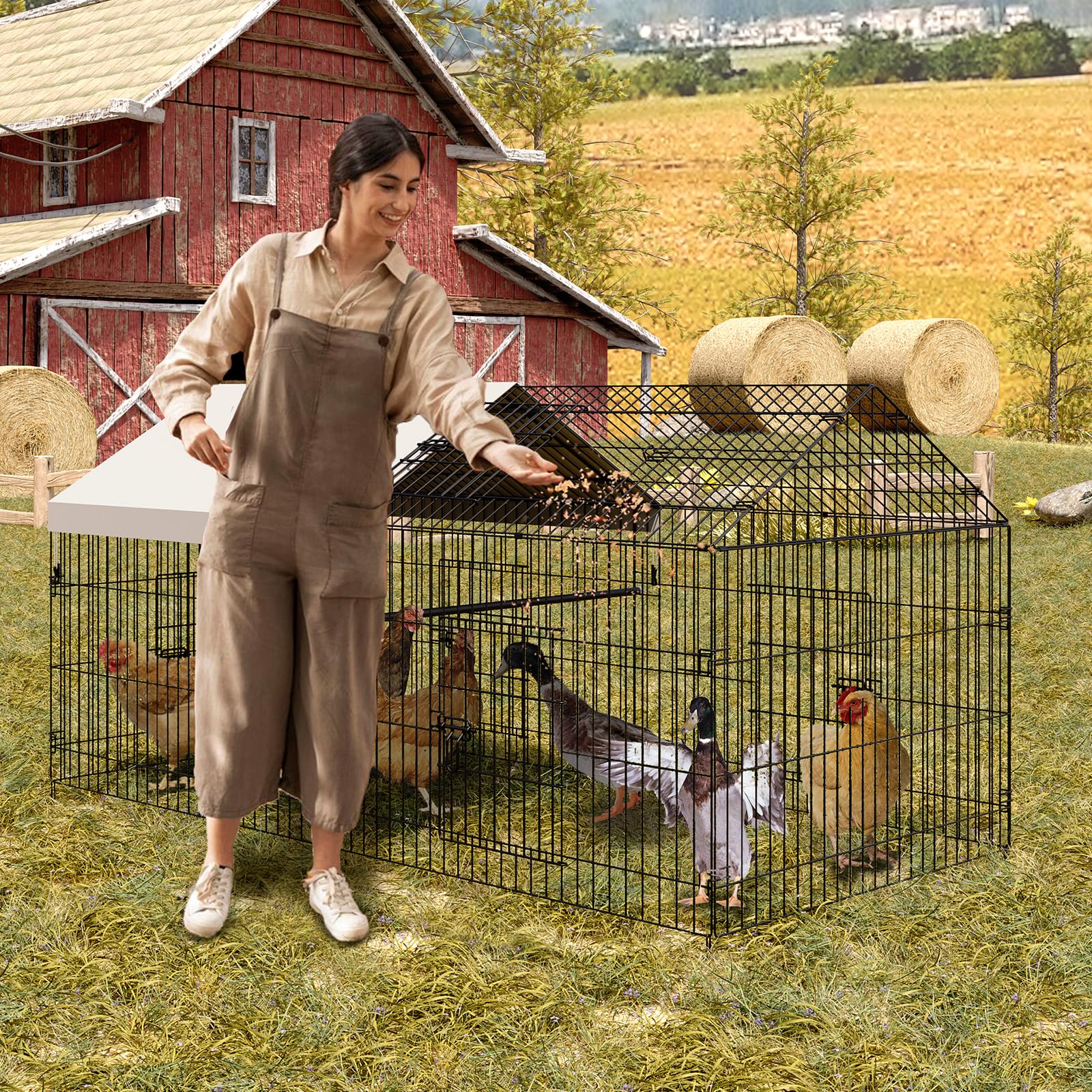 Poulailler Garvee 100x218x100cm – Acier galvanisé avec 2 compartiments et 4 portes pour poules et lapins