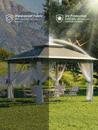 Garvee Tonnelle Pliante 335 x 335 cm Vert Beige, Moustiquaire, Hauteur Réglable, Résistante Eau/UV, Jardin et Camping