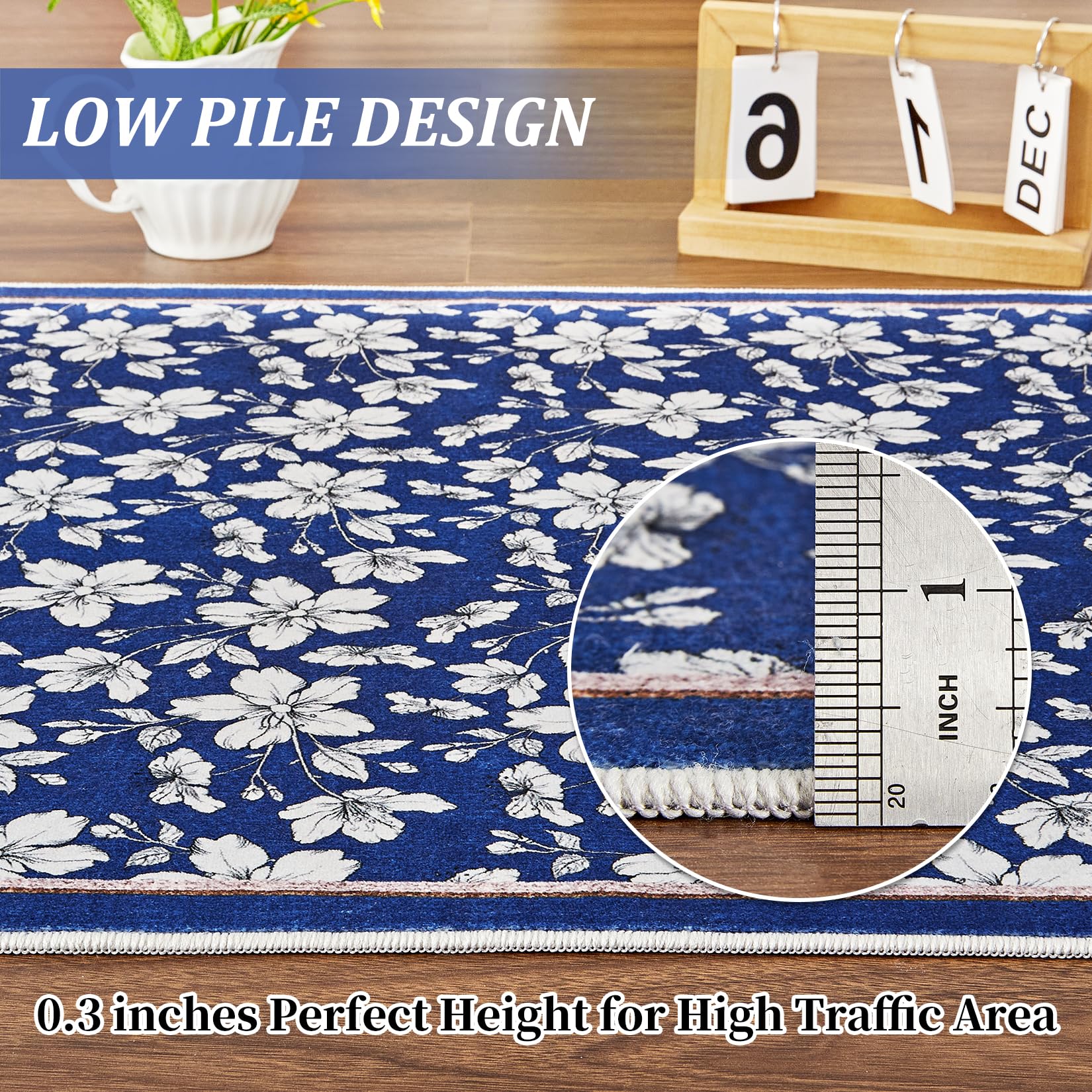 Tapis de salon lavable Garvee, motif floral vintage, poils courts, antidérapant, doux, grand format 200 x 290 cm, bleu