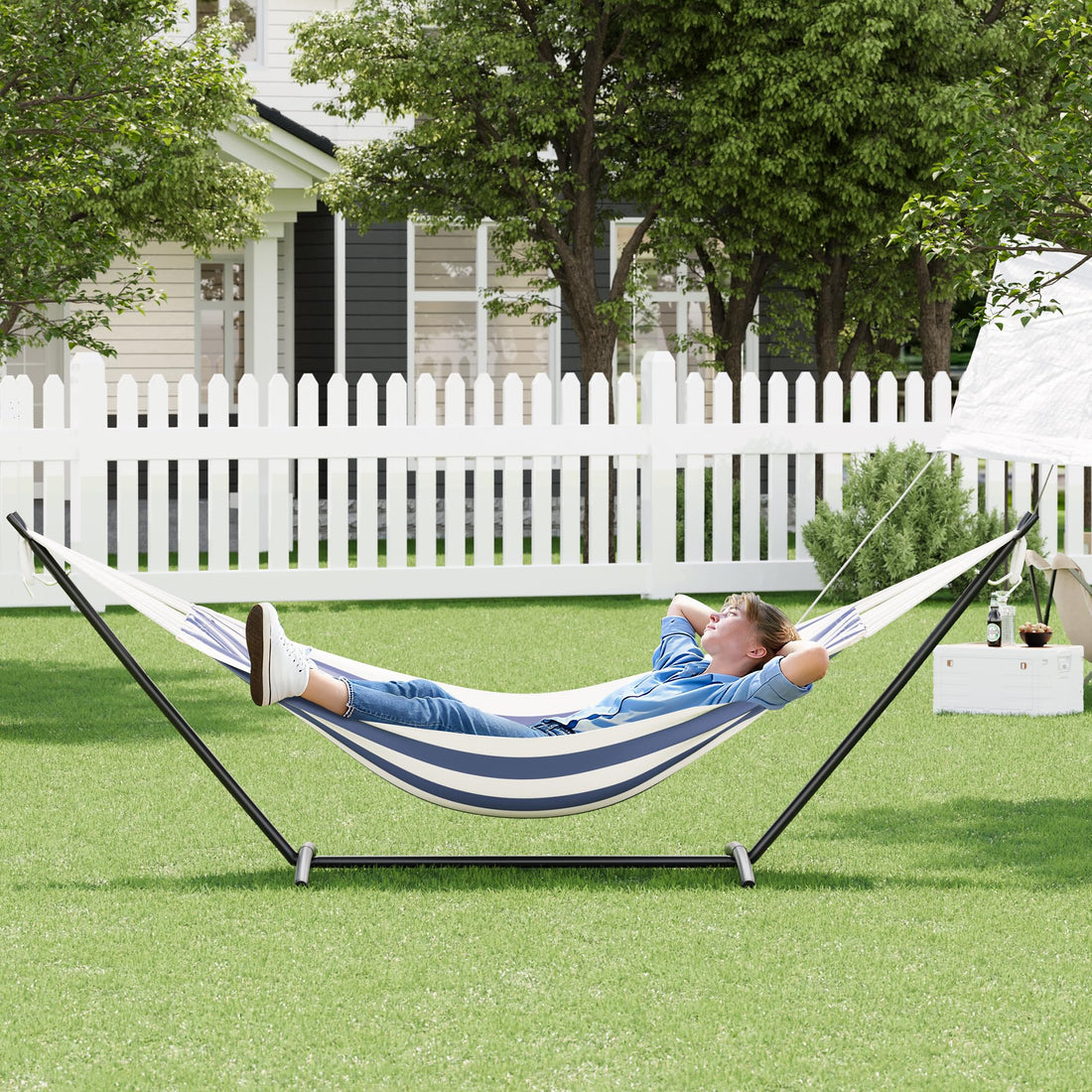 Garvee hamac double bleu et blanc avec support en acier, portable, pour intérieur et extérieur, charge 204 kg