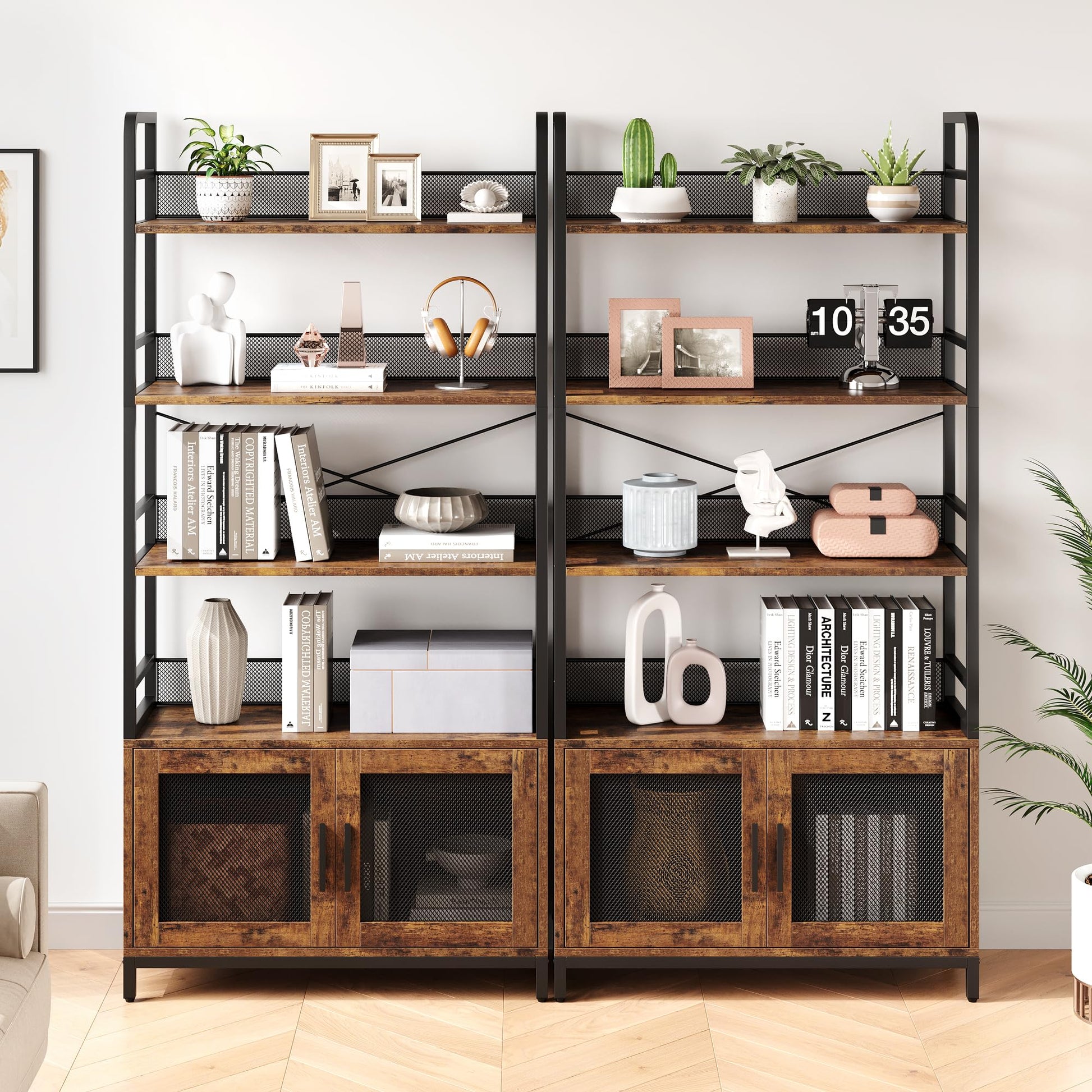 Garvee Bibliothèque Industrielle avec Portes Grillagées, 4 Étagères, Structure en Métal et Panneaux MDF, 180 × 80 × 30,5 cm, pour Salon et Bureau