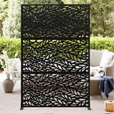 Garvee Écran d'Intimité Métallique 183x119cm Acier Galvanisé Panneaux Décoratifs 3-Volets Usage Extérieur Intérieur Patio Jardin - noir-Leaves