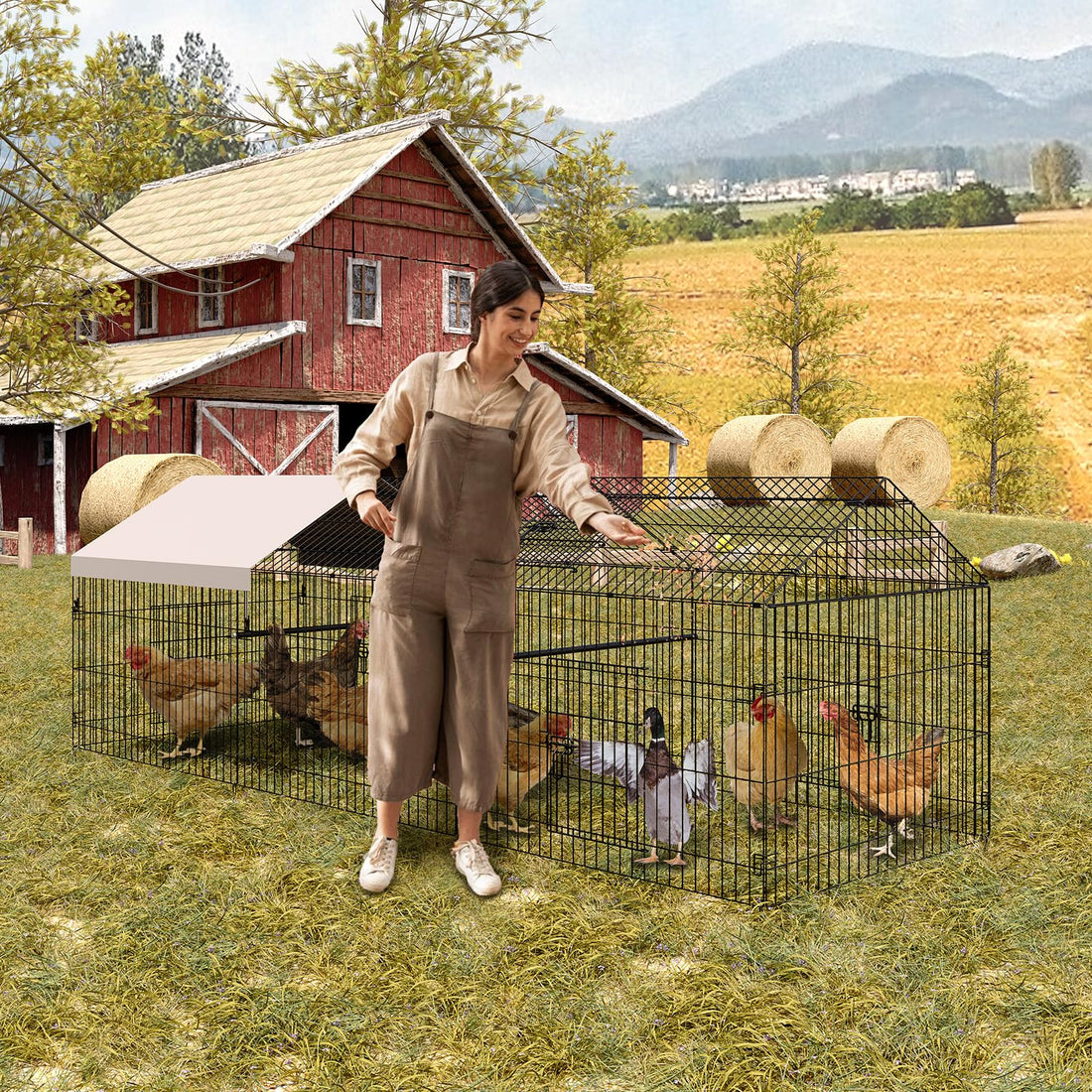 Garvee Poulailler 100 × 330 × 100 cm en acier galvanisé, 3 compartiments et 4 portes, enclos pour poules et lapins