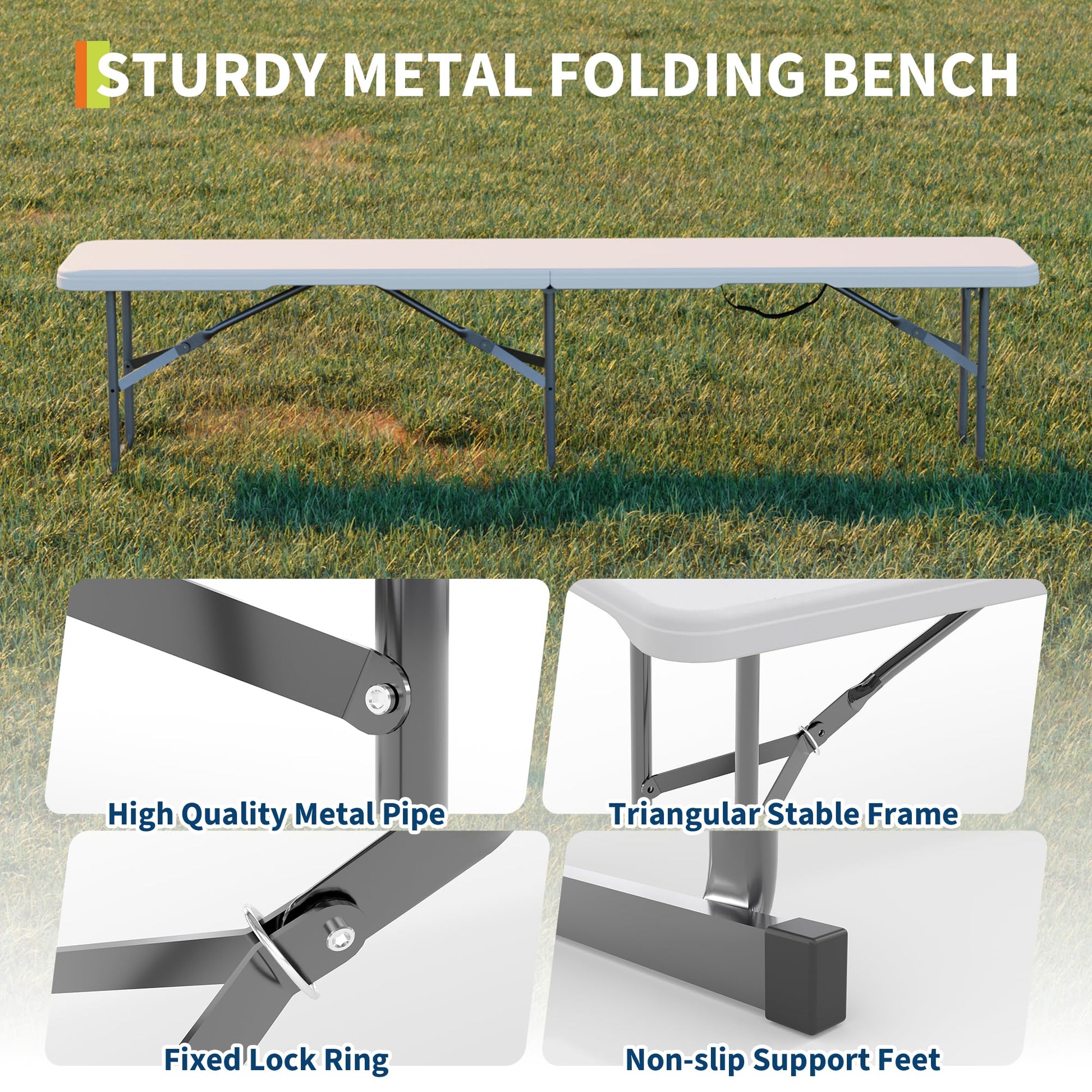 Garvee banc pliant portable de 1,8 m en plastique PEHD résistant aux intempéries, stable et pliable avec poignée pour pique-nique, camping et sports de plein air