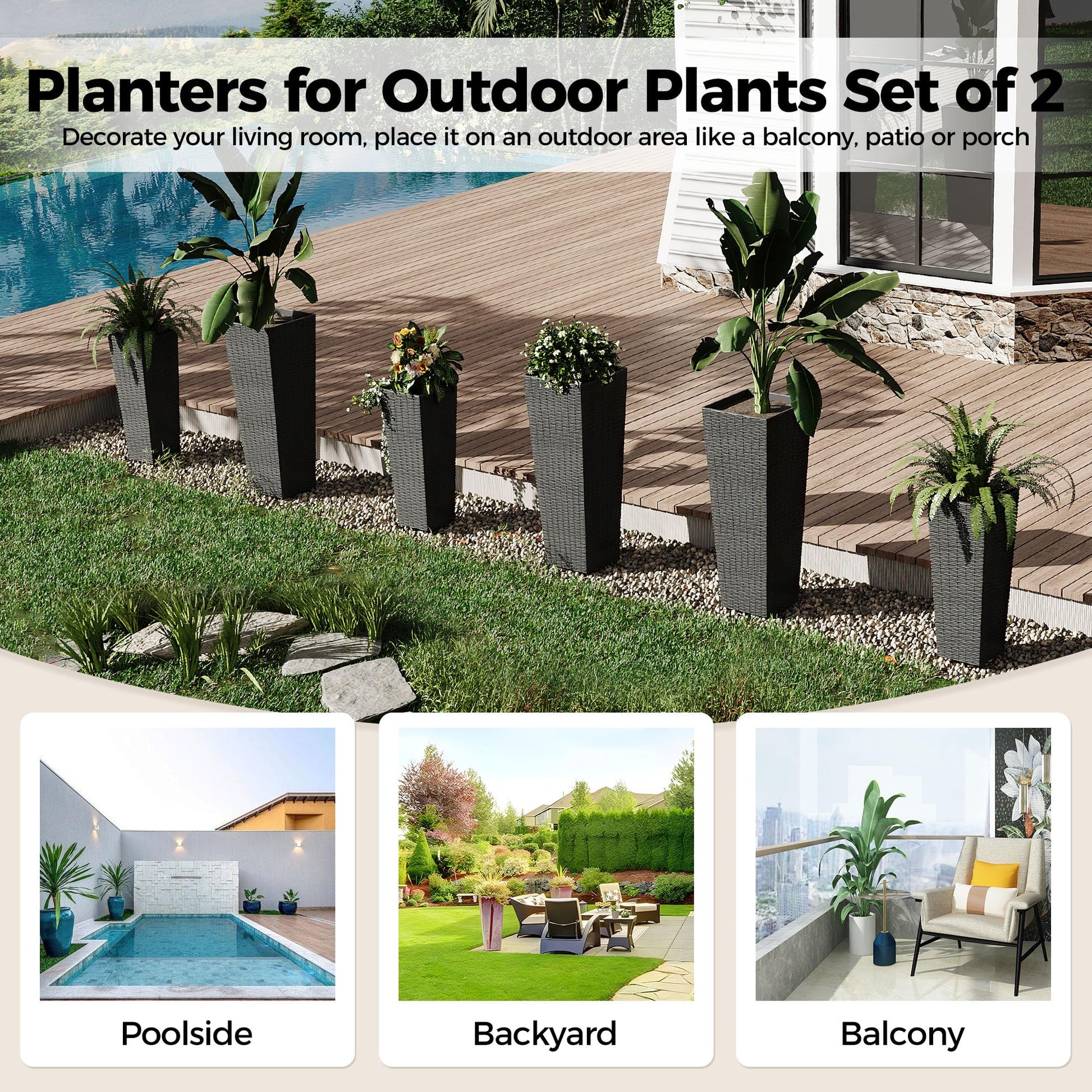 Garvee Lot de 2 jardinières hautes (61 et 81 cm) avec trous de drainage, pour jardin et terrasse, légères, résistantes aux intempéries, design moderne en rotin, noires