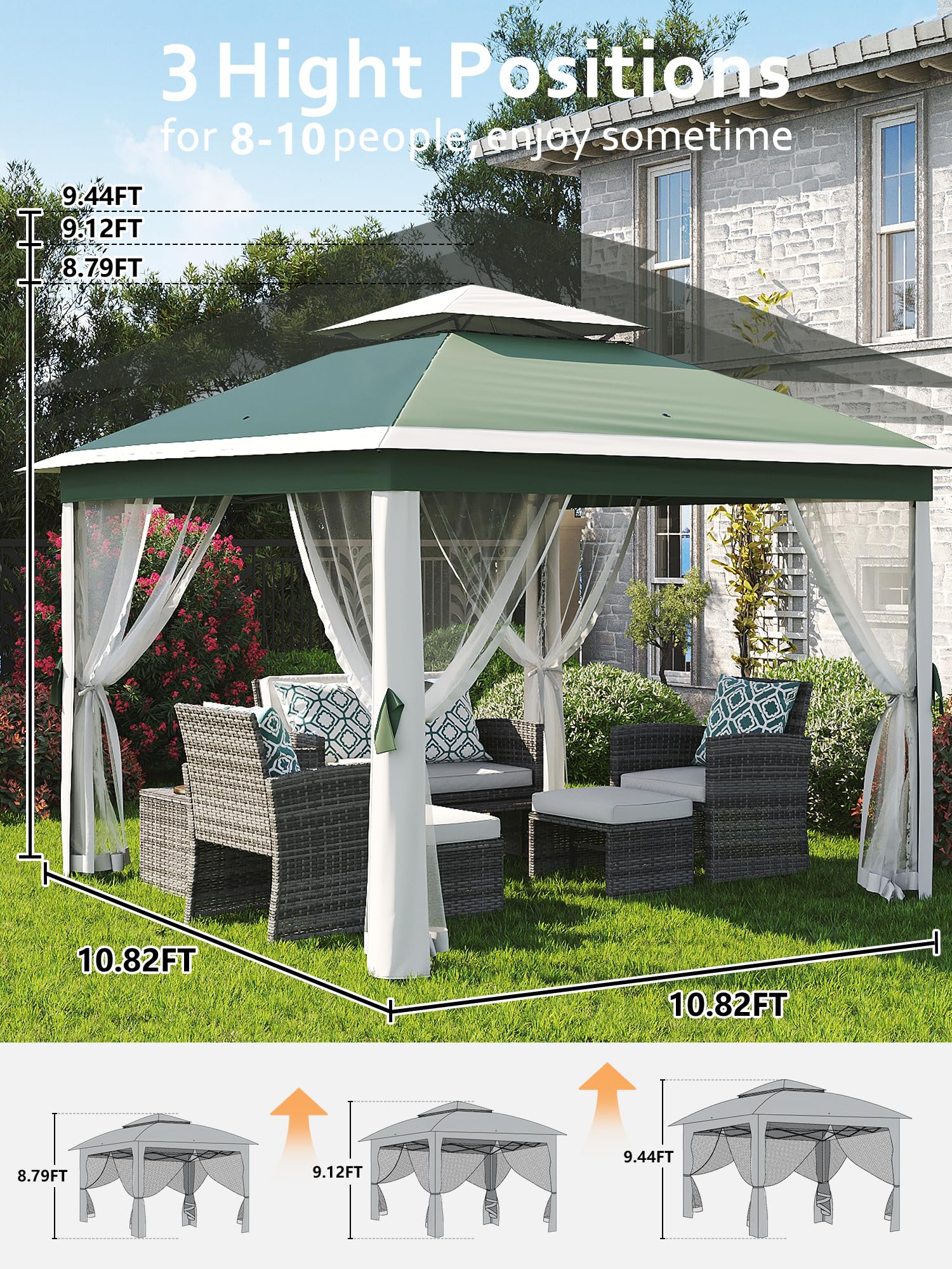 Garvee Tonnelle Pliante 335 x 335 cm Vert Beige, Moustiquaire, Hauteur Réglable, Résistante Eau/UV, Jardin et Camping