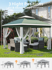 Garvee Tonnelle Pliante 335 x 335 cm Vert Beige, Moustiquaire, Hauteur Réglable, Résistante Eau/UV, Jardin et Camping