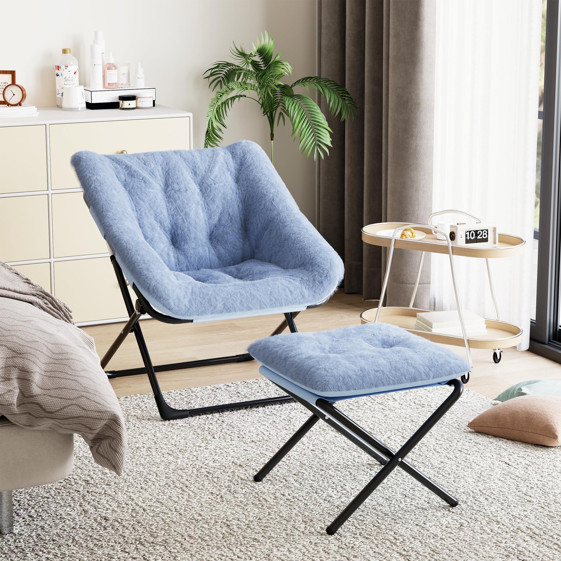 Fauteuil confortable Garvee XL en fausse fourrure avec structure en métal et base antidérapante pour salon et chambre, bleu, XL