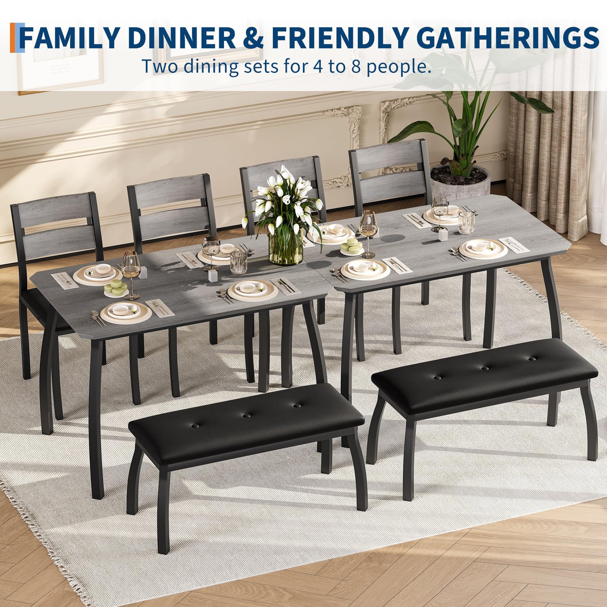 Ensemble de salle à manger Garvee pour 4 personnes, table robuste en bois avec pieds en métal, banc rembourré et 2 chaises, design moderne, gain de place, gris