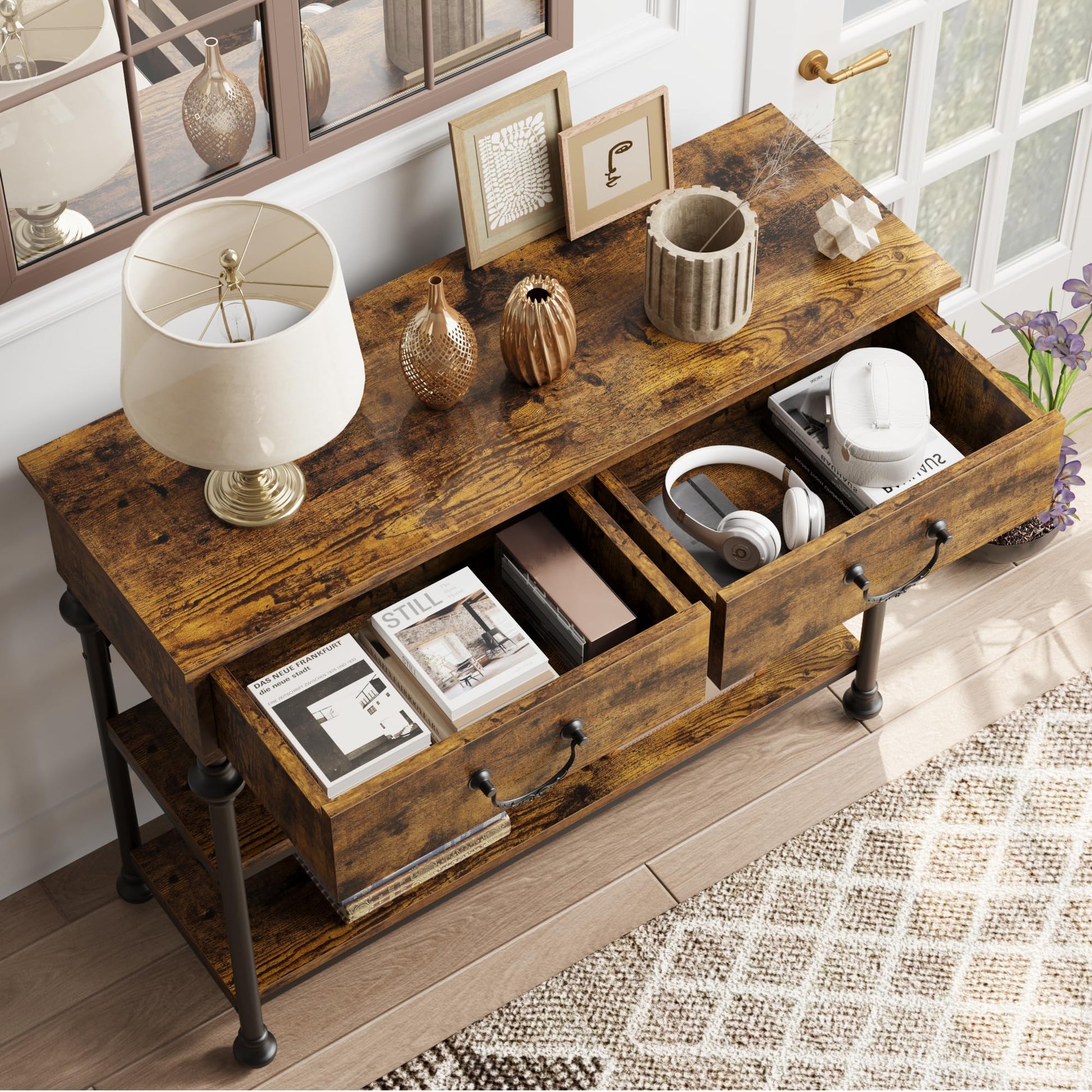 Console Garvee pour entrée, étroite, avec 2 tiroirs, grande étagère, structure en métal, marron rustique, salon, entrée