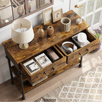 Console Garvee pour entrée, étroite, avec 2 tiroirs, grande étagère, structure en métal, marron rustique, salon, entrée