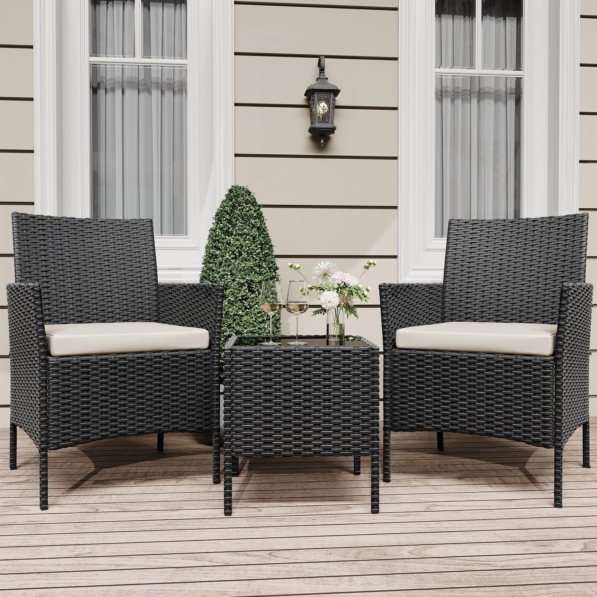 Garvee Ensemble de mobilier de jardin, 3 pièces, rotin PE, balcon/jardin, noir/beige, tous temps, ergonomique