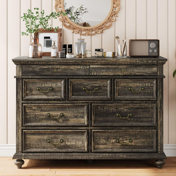 Commode de ferme Garvee 47" à 9 tiroirs, en bois rustique avec poignées en métal vintage, chêne foncé, idéale pour la chambre et le salon.