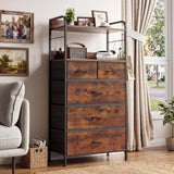 Garvee commode à 5 tiroirs avec bacs en tissu, cadre en acier robuste, plateau en bois, poignées faciles, ajustable pour la chambre et le couloir