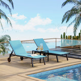 Garvee Lot de 3 chaises longues d’extérieur avec table d’appoint, roues, dossier réglable, textilène rembourré, métal noir - Bleu