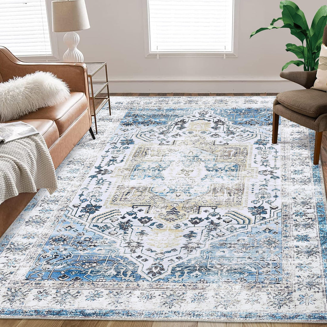 Tapis rectangulaire moderne Garvee, facile d'entretien et antidérapant, pour couloir et salon, 80 x 150 cm, teinte bleue