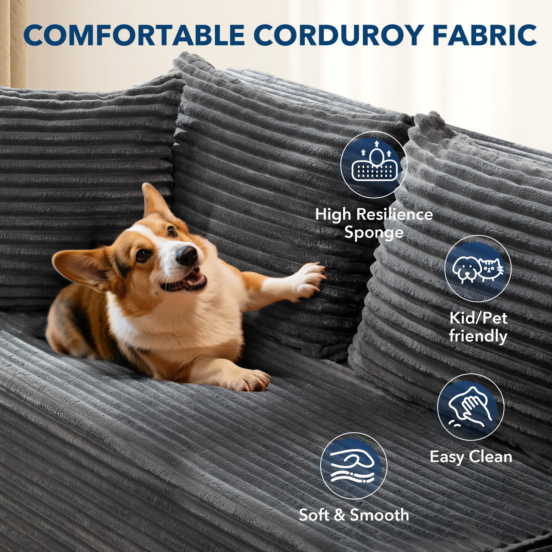 Canapé d'angle modulaire Garvee Cloud 269 cm - Moelleux et confortable - Canapé en L - Tissu de haute qualité - Coussin d'assise profond - Salon et séjour - Gris