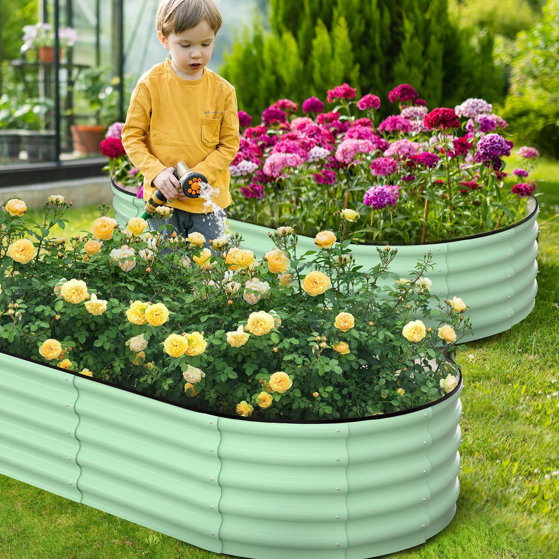 Garvee Potager surélevé, en métal ovale, avec revêtement aluminium-magnésium-zinc, pour le jardin, flexible, antirouille, stable, moderne et durable