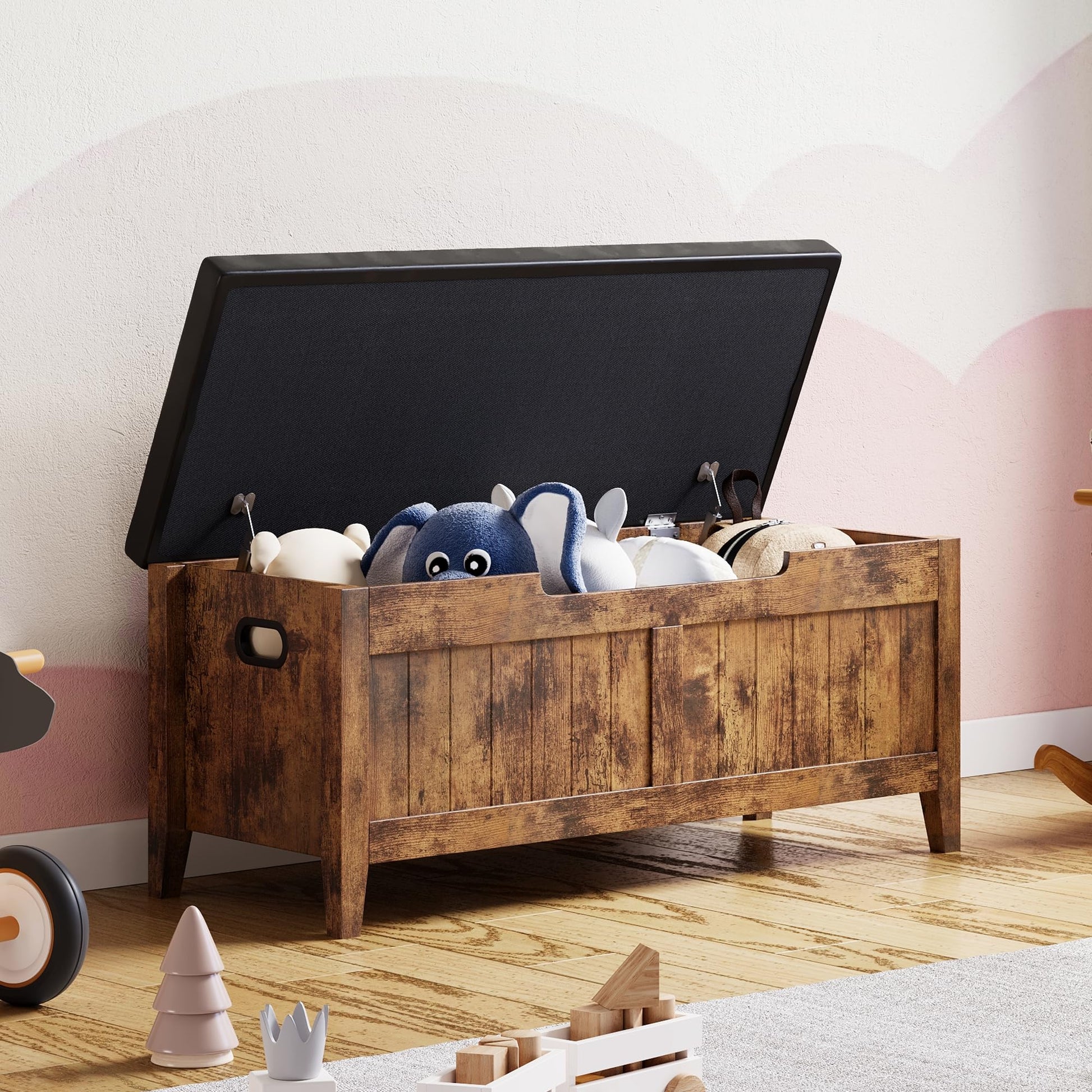 Coffre-banc de rangement Garvee en bois avec charnières de sécurité, assise rembourrée et poignées ergonomiques, idéal pour le salon et la chambre, 100 cm (39,4 po), marron.