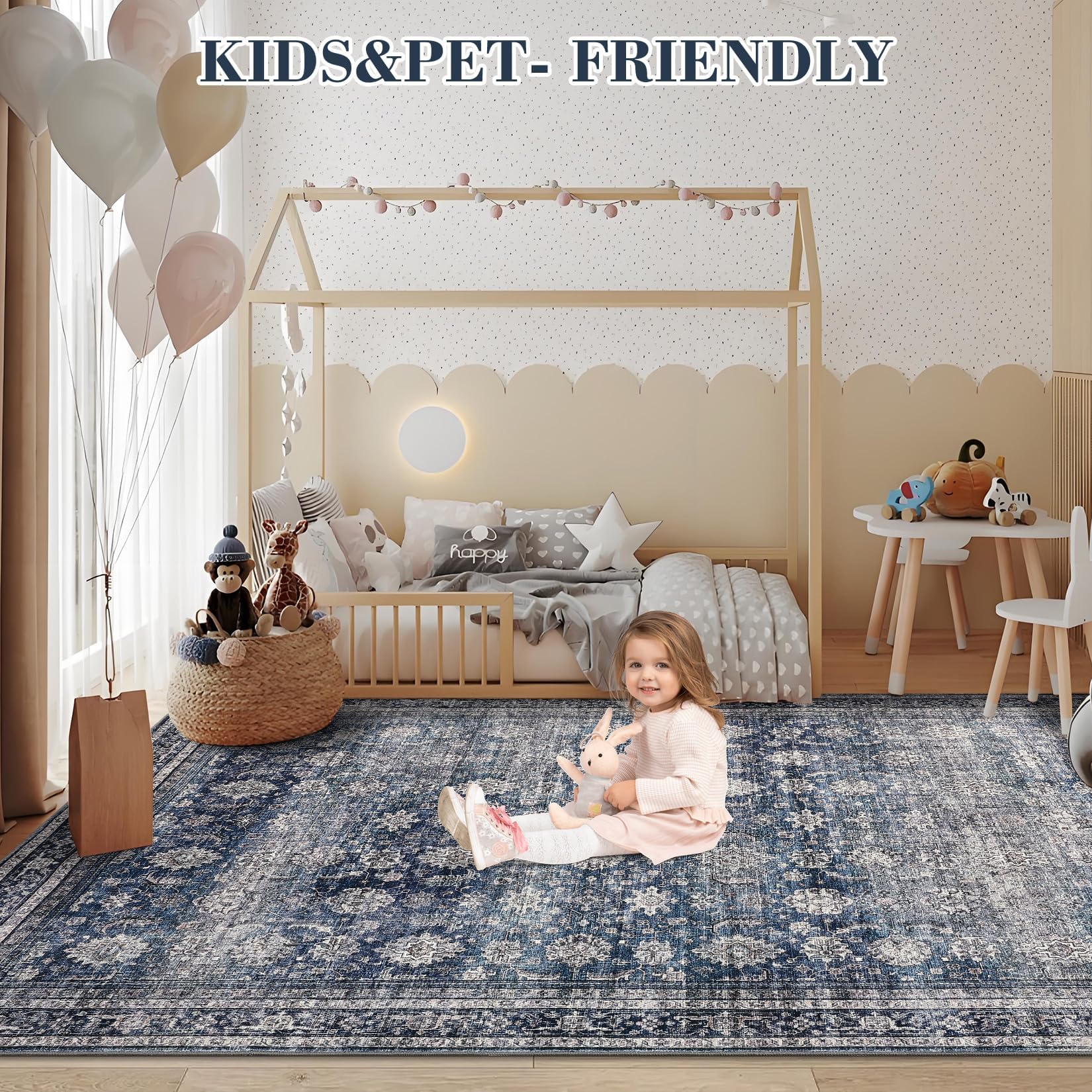 Tapis de couloir vintage lavable Garvee 60x230cm, antidérapant et doux, bleu, facile d'entretien et durable.