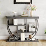 Garvee Console d’Entrée Industrielle à 4 Étagères, Base Ronde, Bois et Métal, pour Entrée, Salon et Couloir - Noir
