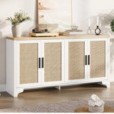 Garvee Buffet en rotin naturel avec 4 portes, rangement spacieux pour salon et entrée, bois d'ingénierie durable, design bohème, 158 × 40 × 80 cm - Blanc