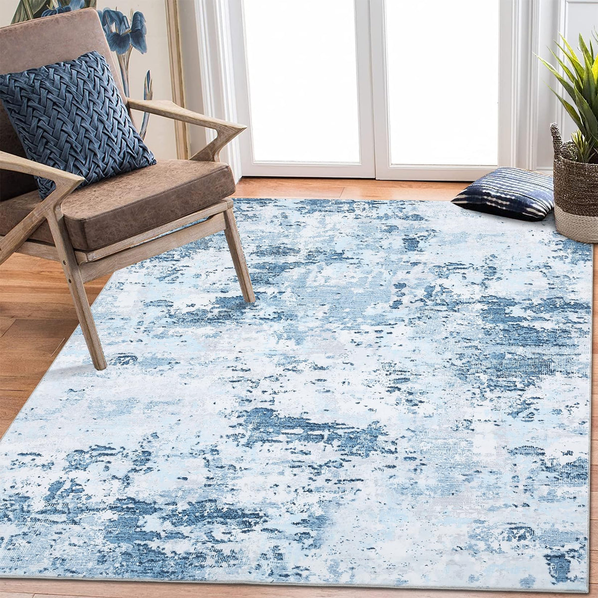 Garvee tapis antidérapant lavable 200 × 290 cm design abstrait moderne pour salon et chambre, bleu clair