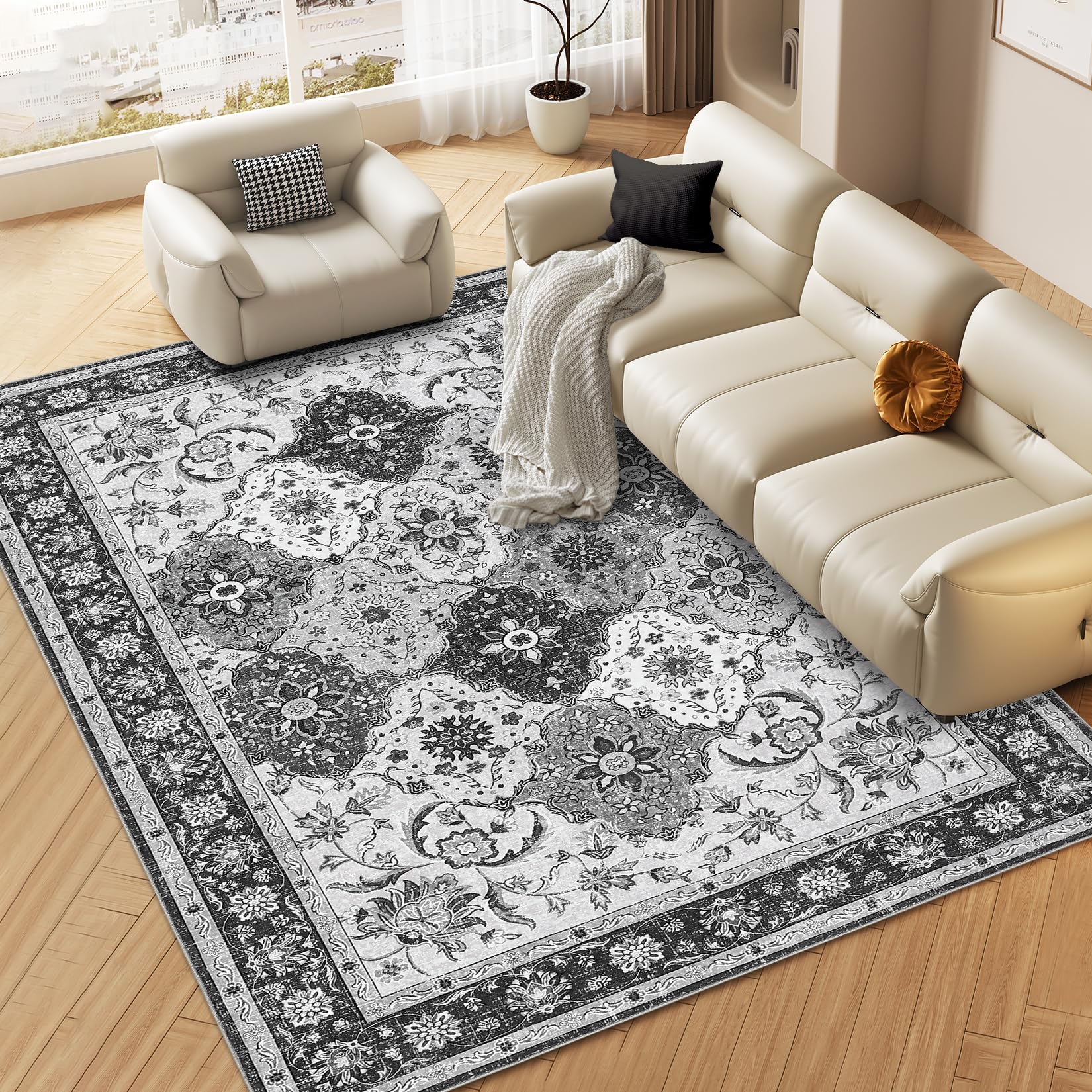 Tapis Garvee lavables à motif treillis vintage pour salon, chambre, bureau, chambre d'enfant, style oriental, à poils courts, neutre, antidérapant, grand format