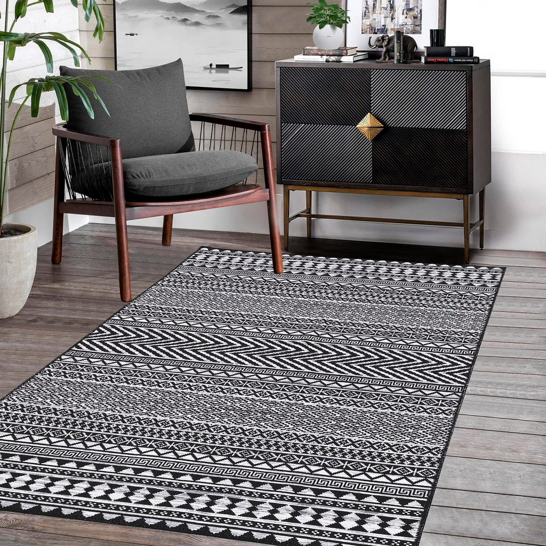 Tapis marocain bohème GARVEE 160x230cm Noir, déperlant, à poils courts, résistant aux taches et à l'huile, lavable, salon et chambre