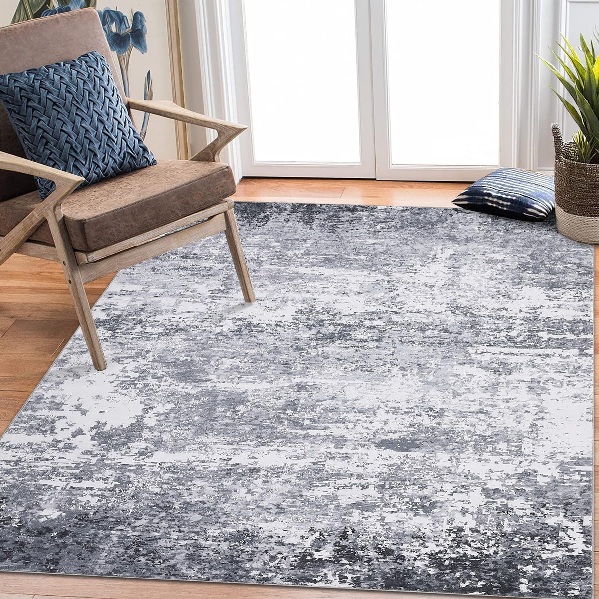Tapis abstrait moderne Garvee, lavable, antidérapant, pour salon ou chambre, 120 x 170 cm, bleu